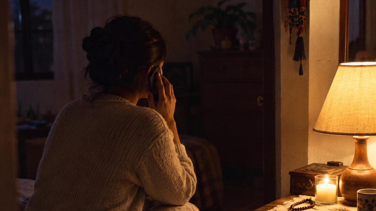 Una mujer conversa por teléfono junto a una lámpara encendida
